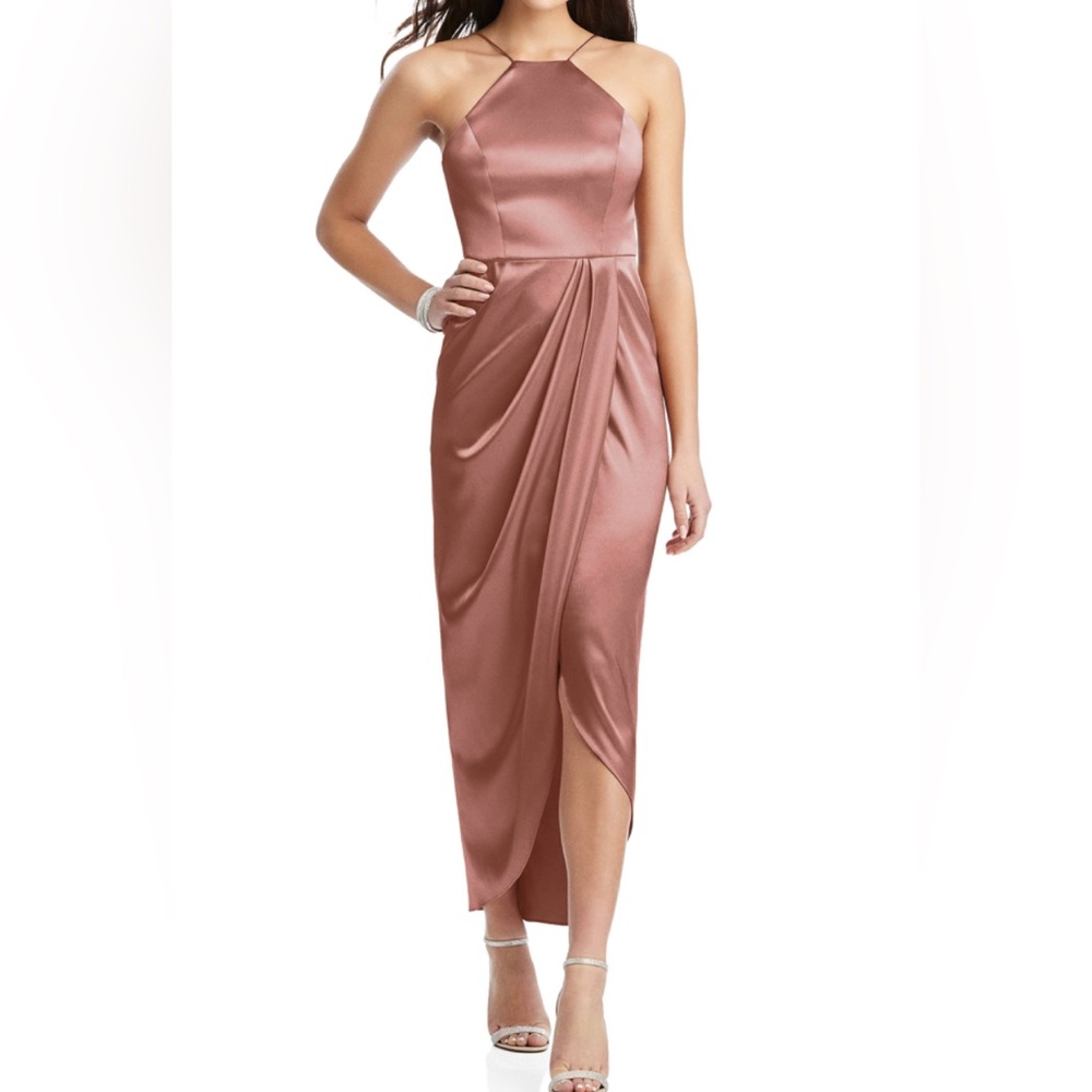 After Six NWT Desert Rose Charmeuse Halter Midi Dress Draped Tulip Skirt SIZE 0